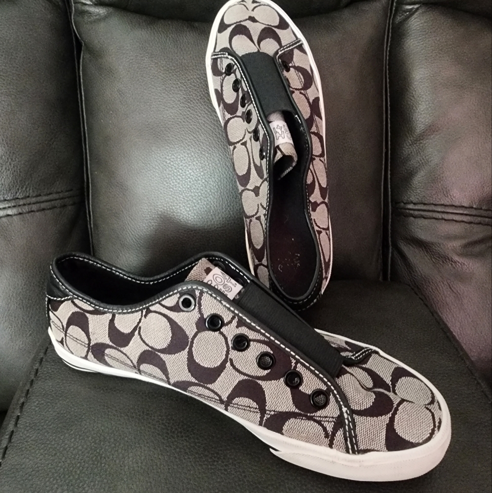 Coach Signature Monogram Slip-On Sneakers in Black and Gray